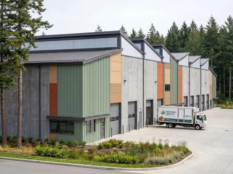 Fresh Haul Logistics warehouse units with a delivery truck outside, built by Riarh Group