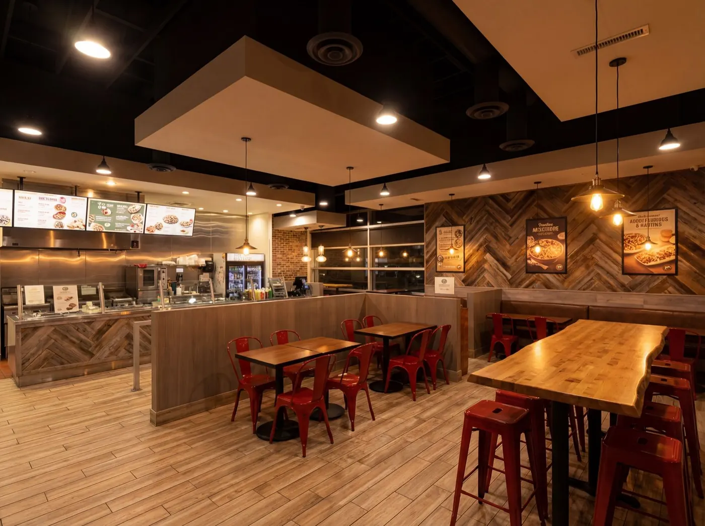 Dining room with long wood tables and red stools at Mucho Burrito, Abbotsford