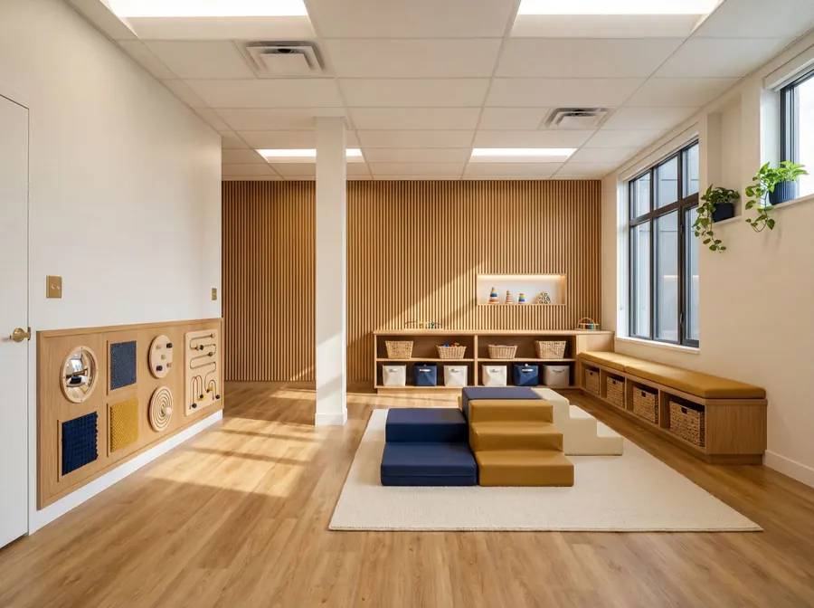 Play room with oak wall panels and soft climbing steps at Sunshine Rain Daycare, Surrey